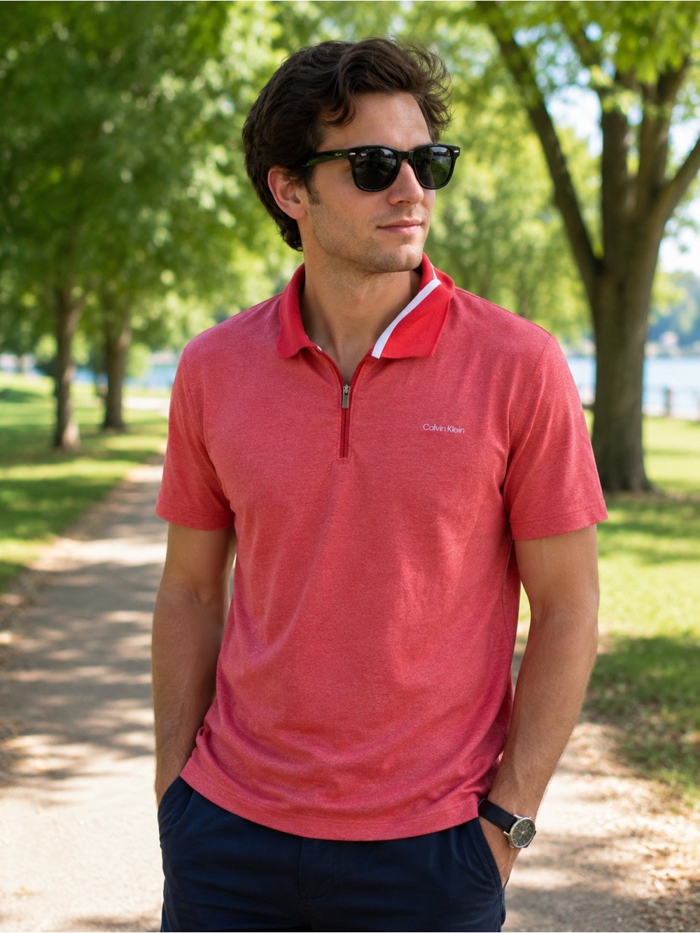 Calvin Klein Men's XL Red Quarter Zip Polo Golf Shirt Short Sleeve